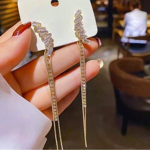 Gold Zircon Tassel Rhinestone Drop Crystal Dangle Earrings